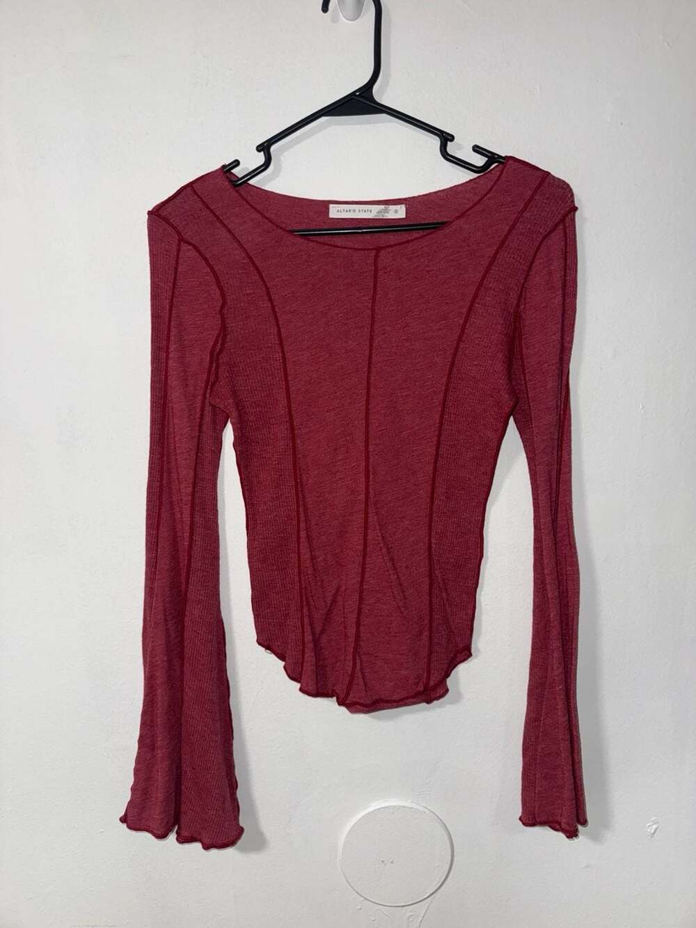 Altar'd State Red Exposed Seam Long Sleeve Top with Bell Sleeves